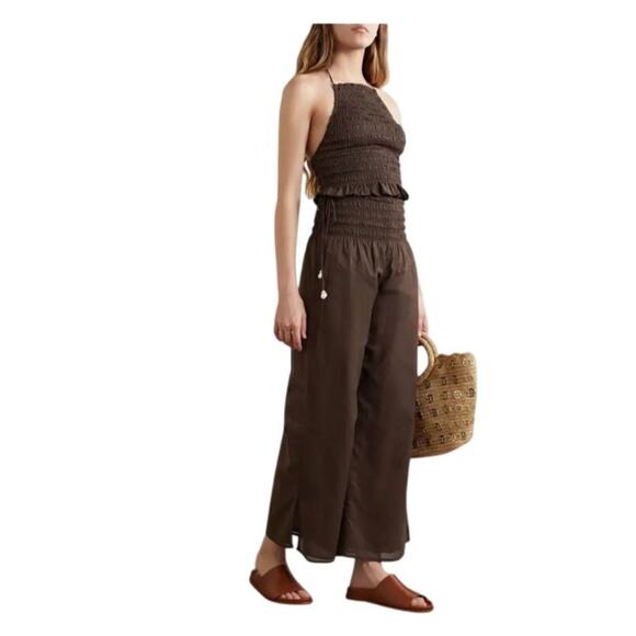 SKIN Bailee Cropped Shirred Cotton-Voile Halterneck Top in Chocolate, 0 NWOT - Picture 1 of 10